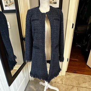 Vertigo Paris wool blend tweed fringe coat long jacket Sz XS blue